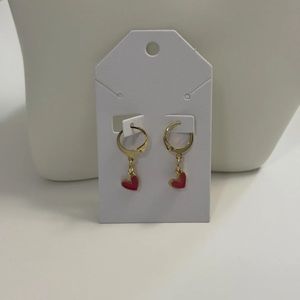Huggie Hoop Leverback Earrings with Red Heart drop charms 24K Gold Plated